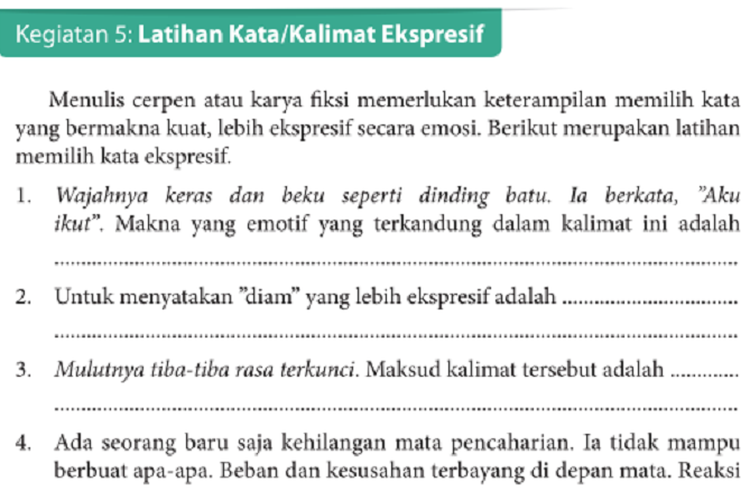 Kunci Jawaban Bahasa Indonesia Kelas 9 Halaman 77 78 Kegiatan 5: Latihan Kata atau Kalimat Ekspresif