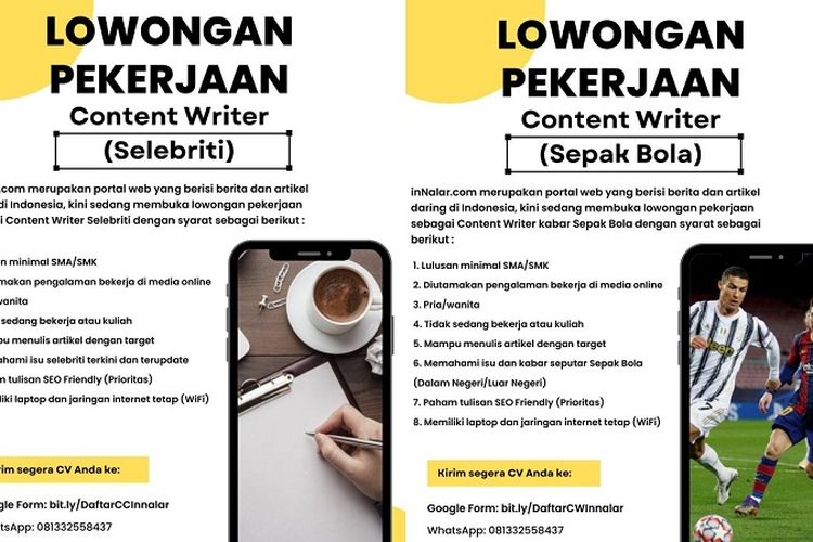 Lowongan Kerja Content Writer Seputar Selebriti dan Sepak Bola, Bisa Kerja dari Mana Saja