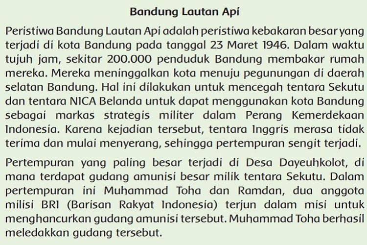 Kunci Jawaban Tema 2 kelas 6 SD halaman 97 Buku Tematik Subtema 2 : Peta Pikiran Bacaan Bandung Lautan Api