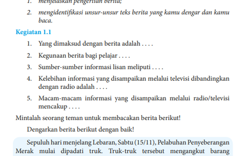 Kunci Jawaban Buku Bahasa Indonesia Kelas 8 SMP dan MTs Halaman 2 Kegiatan 1.1: Menentukan Unsur-unsur Berita