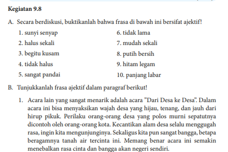 Kunci Jawaban Bahasa Indonesia Kelas 8 SMP-MTS Halaman 254: Membuktikan Frasa yang Bersifat Ajektif