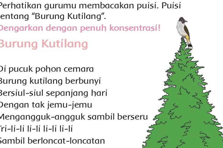 Kunci Jawaban Tema 5 Kelas 2 SD MI Halaman 44 45 Buku Tematik Subtema 1 Pembelajaran 5: Puisi Burung Kutilang