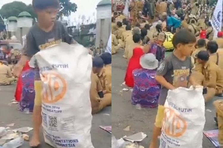 Viral! Aksi Bocah Pungut Sampah pada Demo APDESI Kepala Desa, Netizen: Seragam Elit Empati Sulit