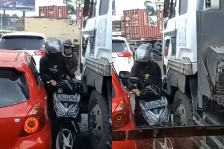 Ngilu! Akibat Melawan Arah, Pengendara Motor di Surabaya Ini Hampir Saja Tergencet Truk Kontainer