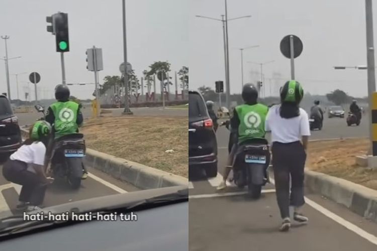 Kocak! Momen Penumpang Ojek Online Tertinggal Gara-gara Ambil Handphone yang Jatuh Saat Lampu Merah
