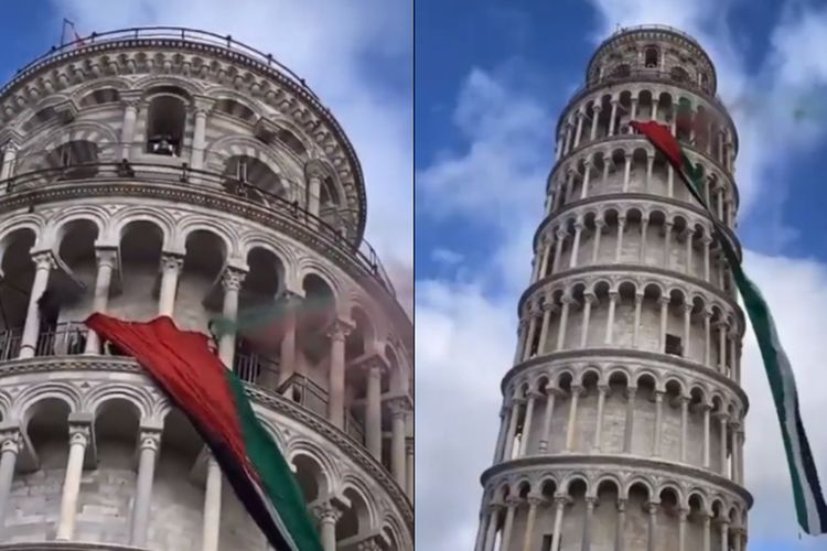 Bendera Palestina Raksasa Berkibar di Menara Pisa Italia! Aksi Pengunjuk Rasa Tak Bisa Dihentikan Keamanan Setempat