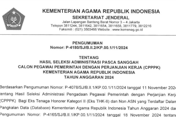 Pengumuman Terbaru Hasil Seleksi Pasca Sanggah PPPK Kemenag 2024 Sudah Keluar, Ini Isinya!