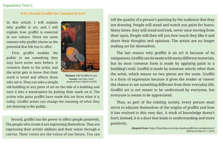 Terjemah Expository Text 1, Kunci Jawaban Bahasa Inggris Kelas 10 SMA Kurikulum Merdeka Chapter 5 Task 3: Why Should Graffiti be Considered Art?