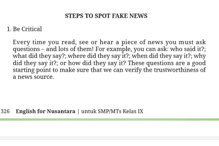 Terjemah Teks ‘Steps to Spot Fake News’, Bahasa Inggris Kelas 9 SMP Kurikulum Merdeka Chapter 5 Section 2 Hlm. 326-327